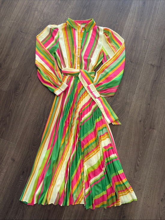 Flying Tomato Dresses & Skirts - Flying Tomato Rainbow Stripe Pleated Maxi Dress Long Puff Sleeve Tie Waist Small